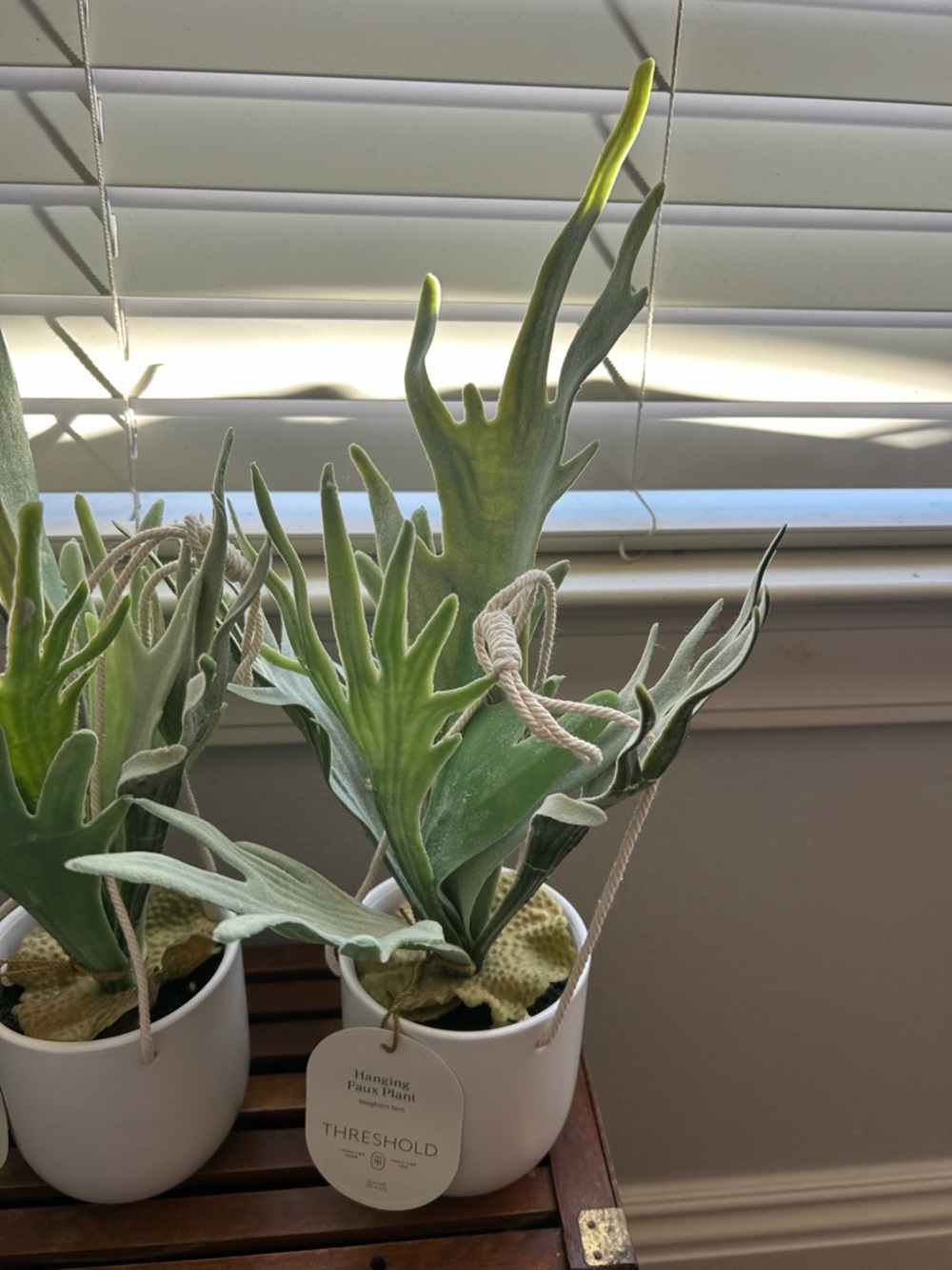 NWT Threshold Green Faux Staghorn Ferns in White Hanging Pots - Set of 2 - Picture 2 of 4